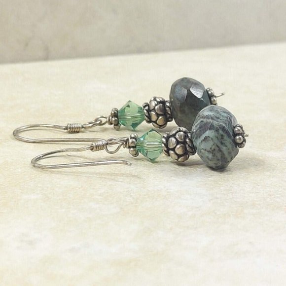 Silver Green Blue Jewelry Necklace Earrings Set Women Trinket Jewelry Gift VTG - Picture 9 of 11